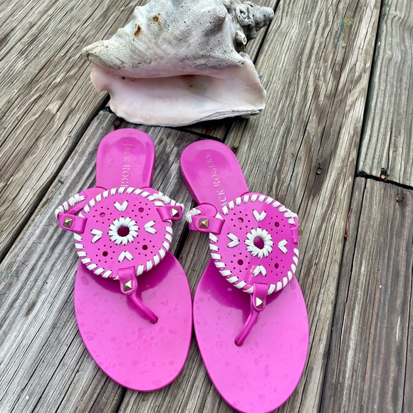 Jack Rogers Georgica Jelly Bright Pink Thong Sandals White Whipstich Trim Size 8 - Picture 5 of 9